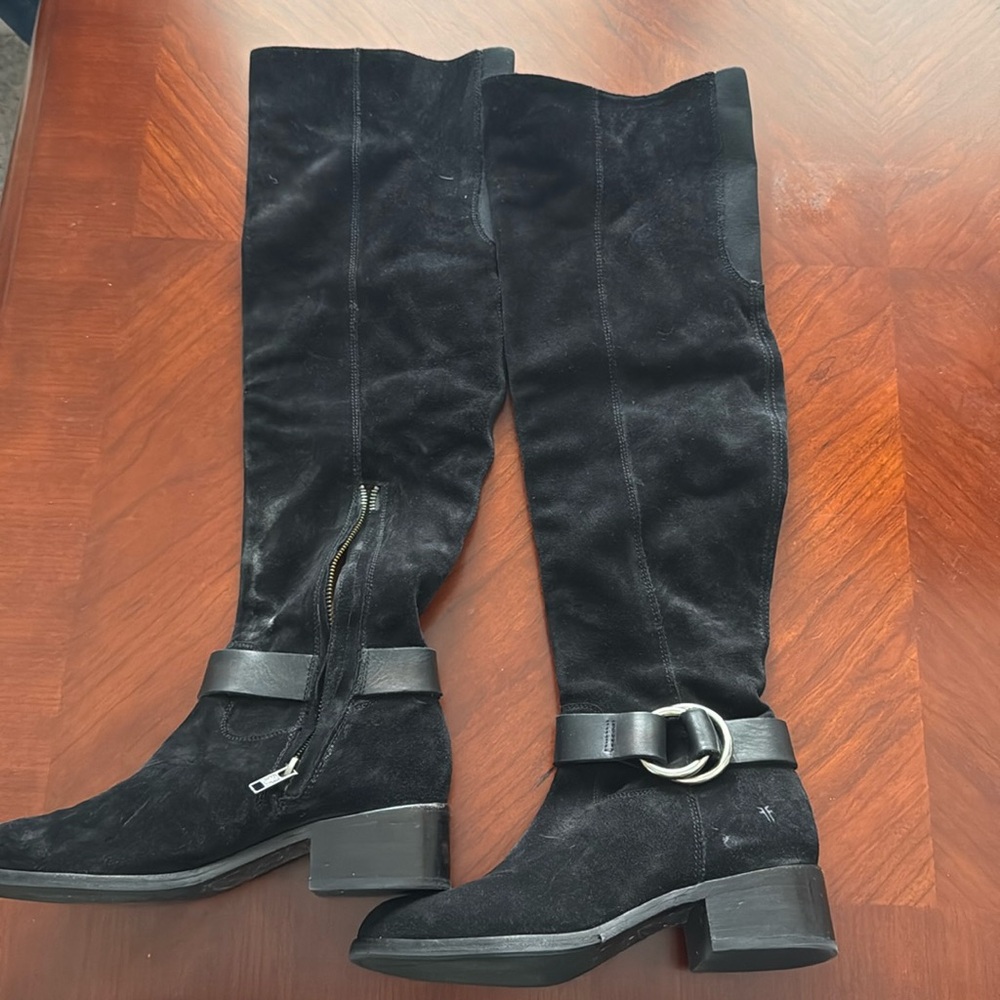 Frye Kristen Harness Over the Knee Boot Black Soft Oiled Suede SZ 7